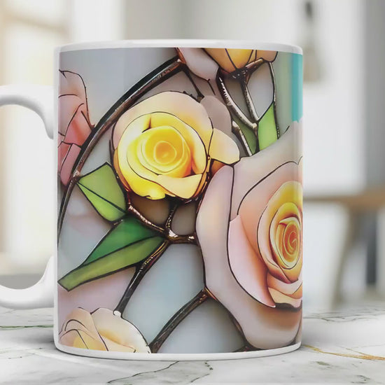 Stained Glass Roses Coffee Mug: Floral Watercolor Bouquet