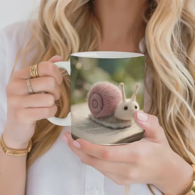 Cute snail 11 oz ceramic coffee mug with wool felt snail and dandelion design