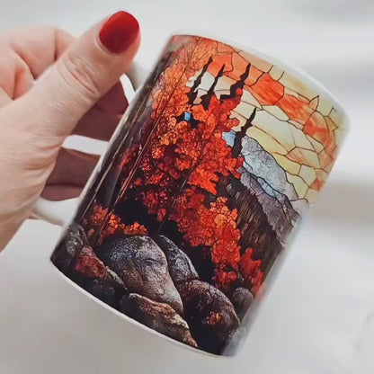 Fall landscape 11 oz ceramic coffee mug with stained glass effect design