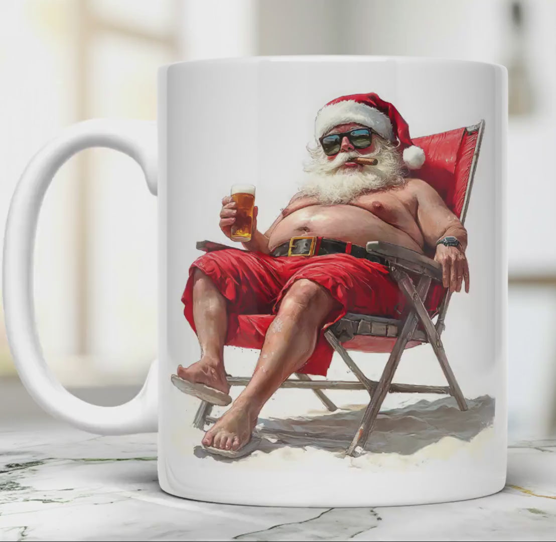 Funny Santa Claus 11 oz ceramic coffee mug with festive Christmas design