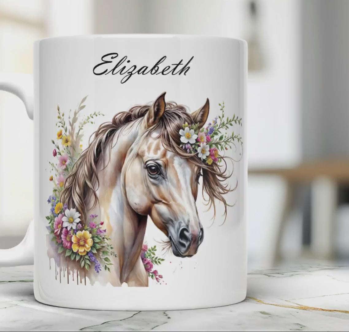 Custom horse 11 oz ceramic coffee mug with personalized horse portrait design