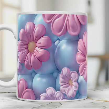 Floral Mug: 3D Puffy Flowers, Ceramic Coffee Cup, 11 Oz