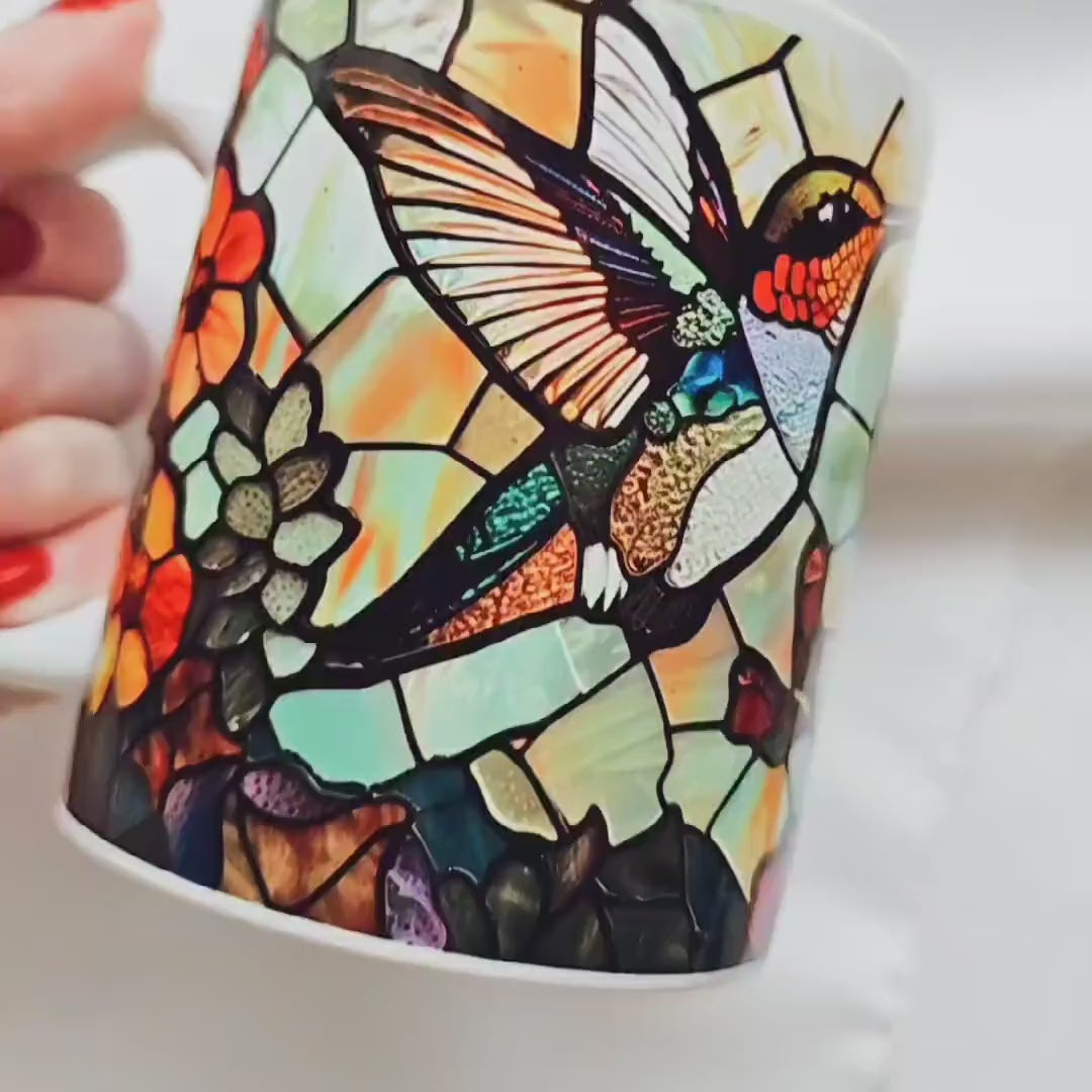 Stained Glass Effect Coffee Mug with Hummingbird Image, Custom Nature Lover Gift