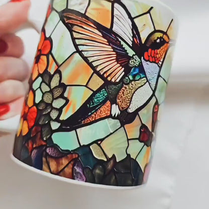 Stained Glass Effect Coffee Mug with Hummingbird Image, Custom Nature Lover Gift