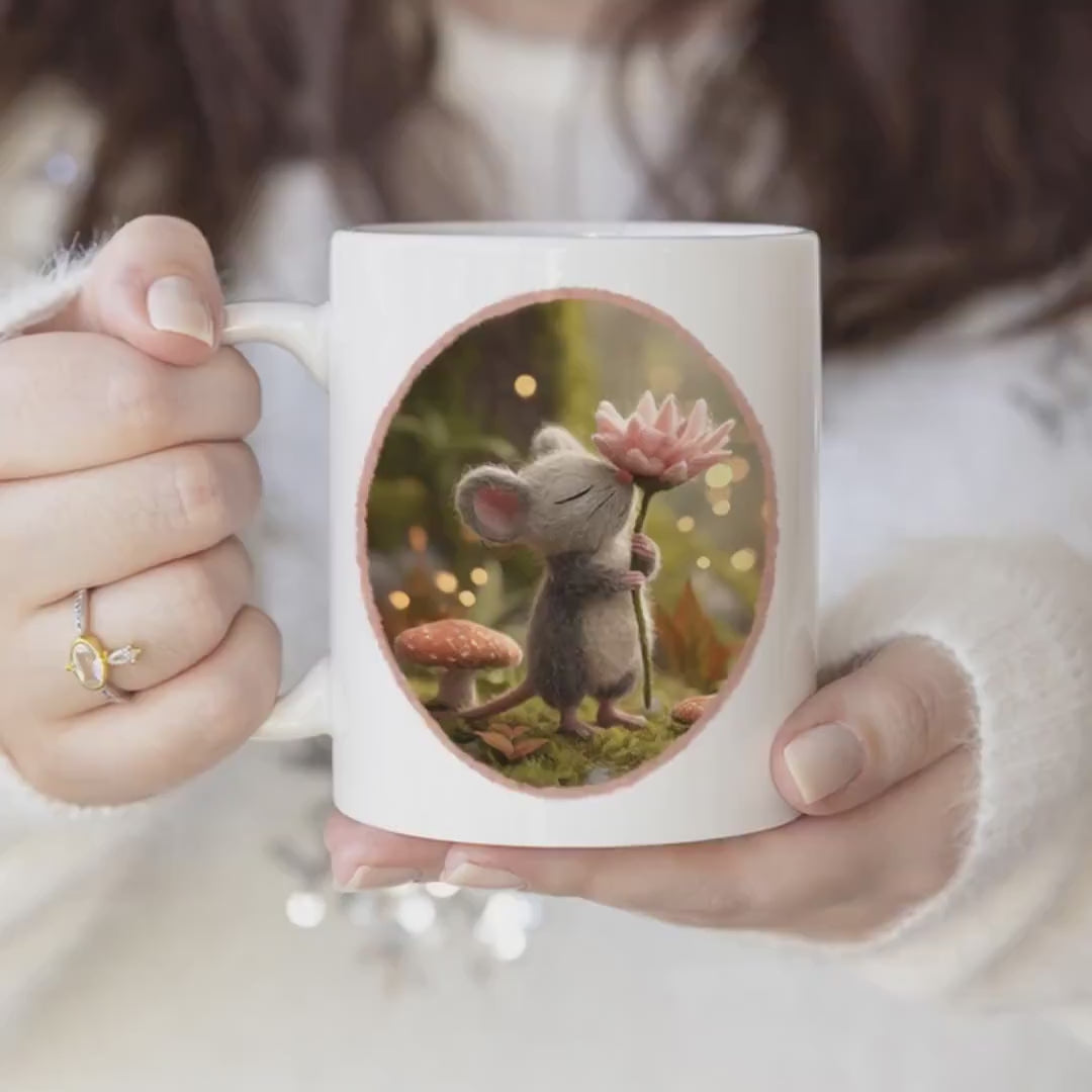 Wool Felt Mouse Coffee Mug Handmade Ceramic Cottagecore Gift