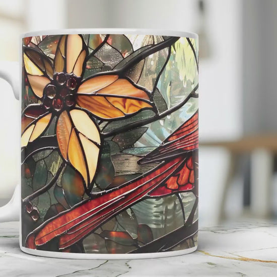 Cardinal bird 11 oz ceramic coffee mug with stained glass effect design