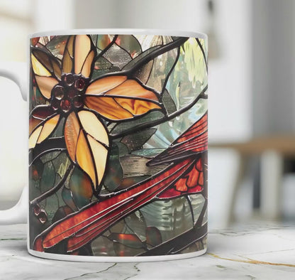 Cardinal bird 11 oz ceramic coffee mug with stained glass effect design