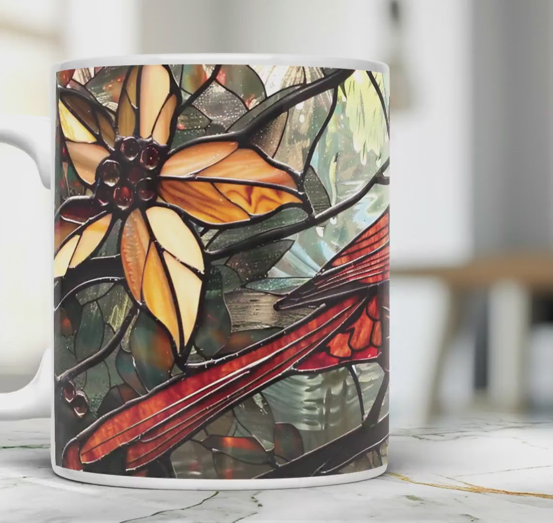 Cardinal bird 11 oz ceramic coffee mug with stained glass effect design
