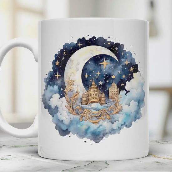 Moon and stars 11 oz ceramic coffee mug with celestial night sky design