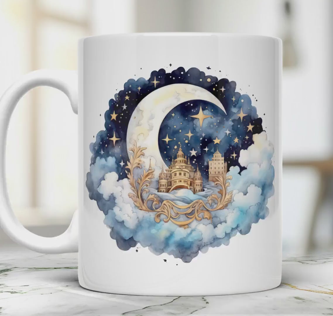 Moon and stars 11 oz ceramic coffee mug with celestial night sky design