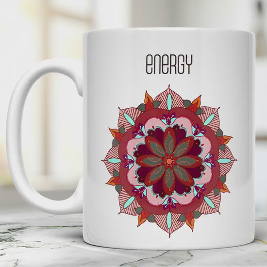 Energy Mandala Mug: 11 Oz Ceramic Tea Cup, Yoga Gift