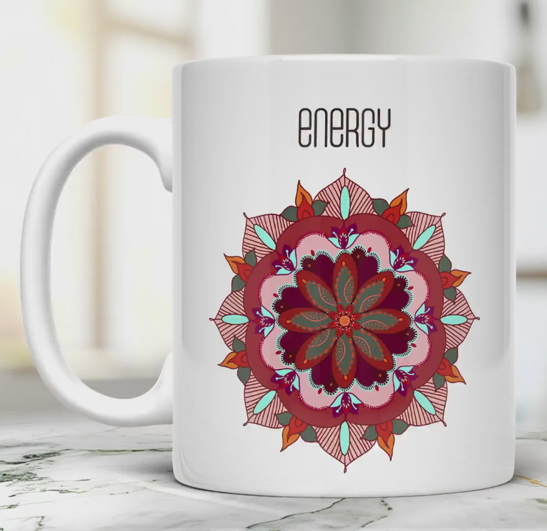 Energy Mandala Mug: 11 Oz Ceramic Tea Cup, Yoga Gift