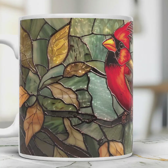 Cardinal bird 11 oz ceramic coffee mug with stained glass effect design