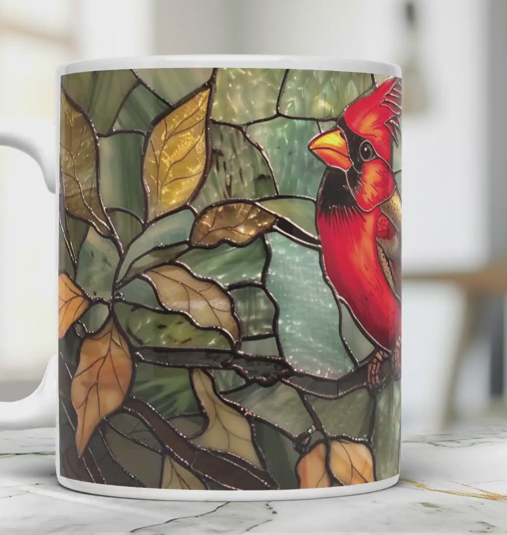 Cardinal bird 11 oz ceramic coffee mug with stained glass effect design