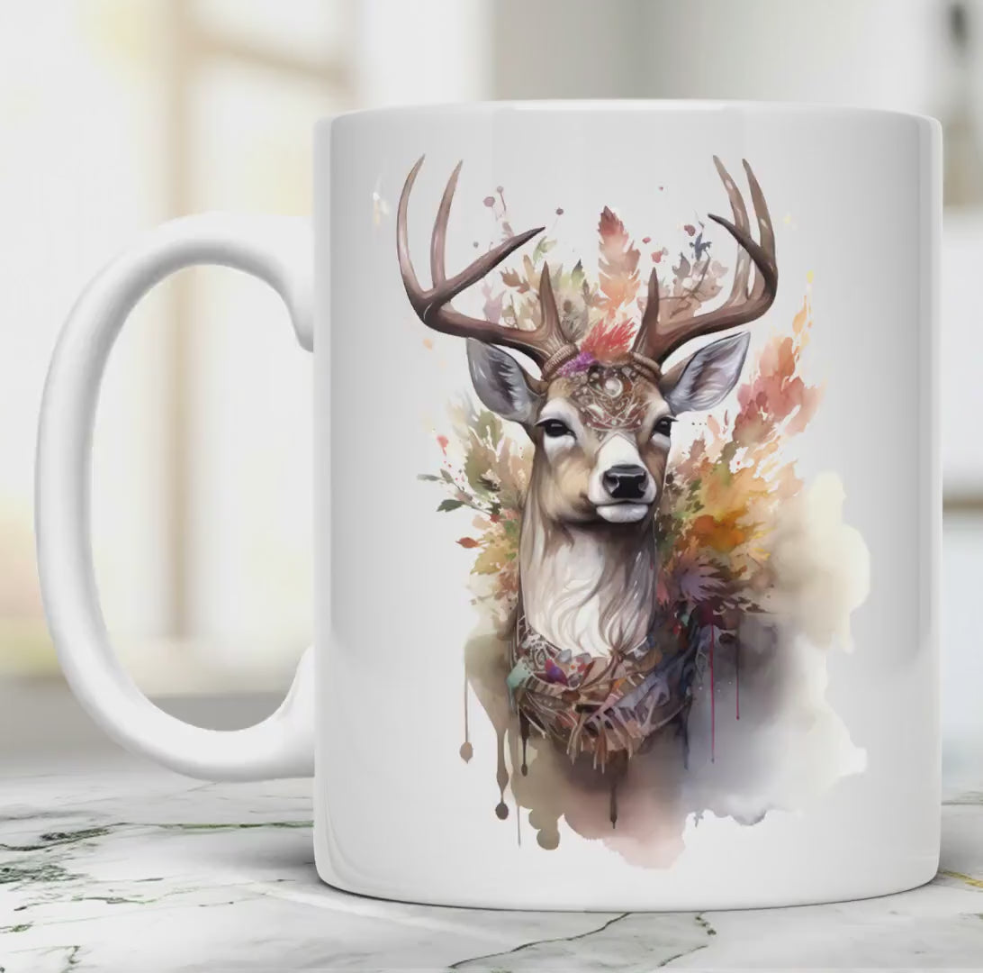 Deer 11 oz ceramic coffee mug with forest inspired wildlife design