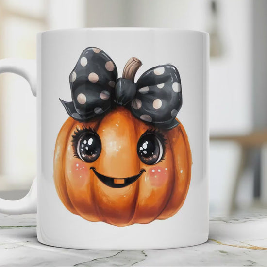 Pumpkin Ceramic Mug Fall Tea Cup with Pumpkin Wearing Black Bow