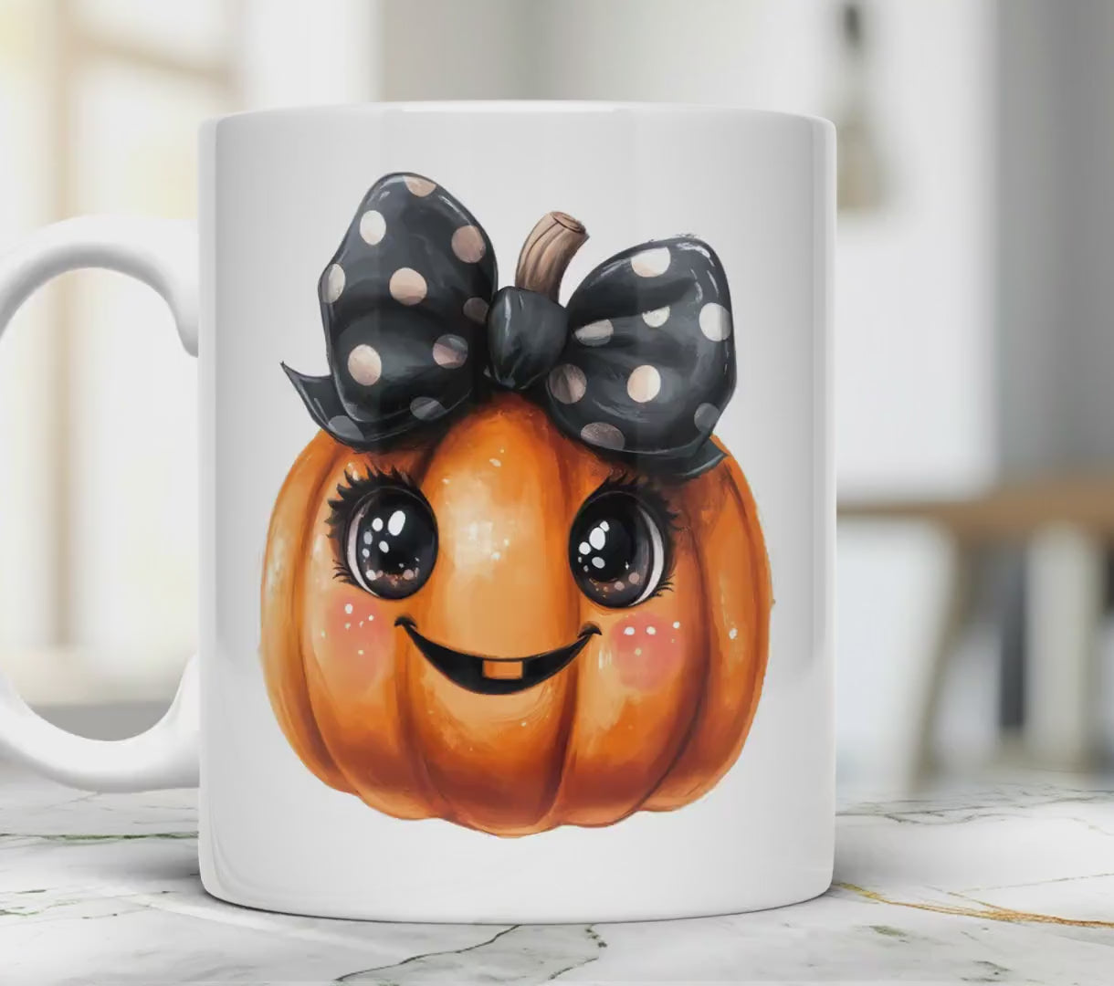 Pumpkin Ceramic Mug Fall Tea Cup with Pumpkin Wearing Black Bow