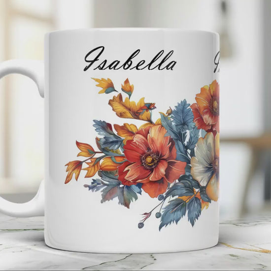 Personalized Floral Coffee Cup, Custom Name, 11oz Ceramic Mug