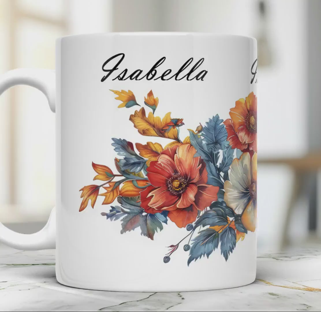 Personalized Floral Coffee Cup, Custom Name, 11oz Ceramic Mug