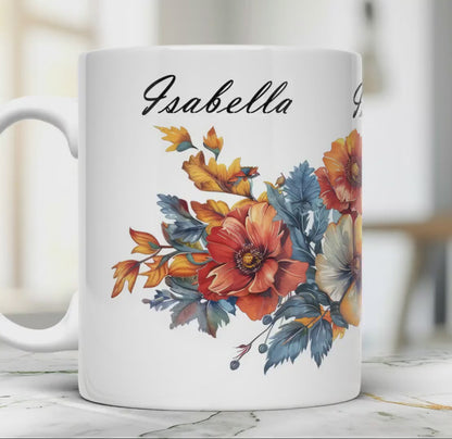 Personalized Floral Coffee Cup, Custom Name, 11oz Ceramic Mug