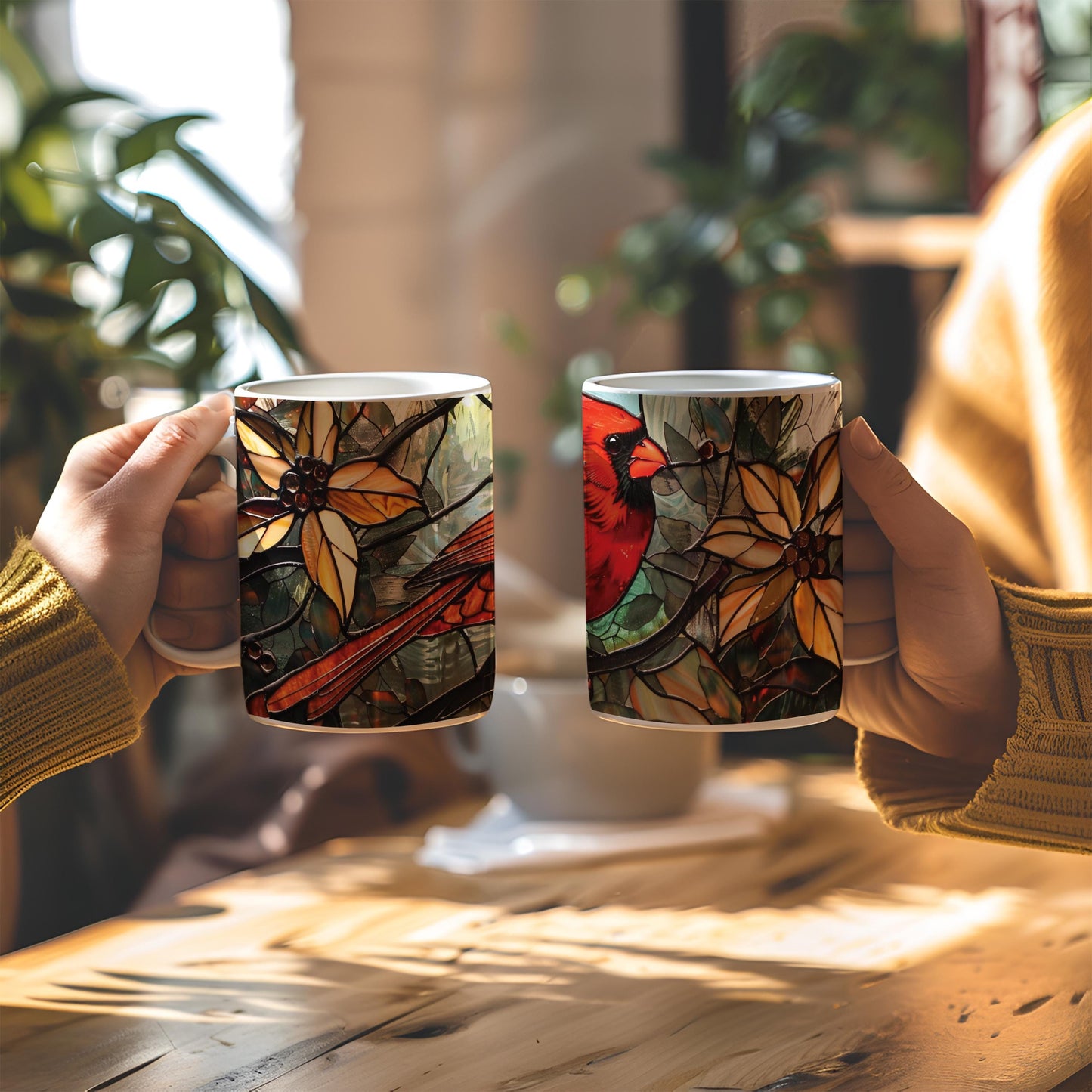 Cardinal bird 11 oz ceramic coffee mug with stained glass effect design