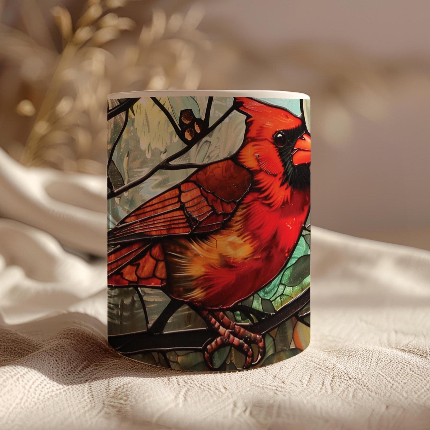 Cardinal bird 11 oz ceramic coffee mug with stained glass effect design