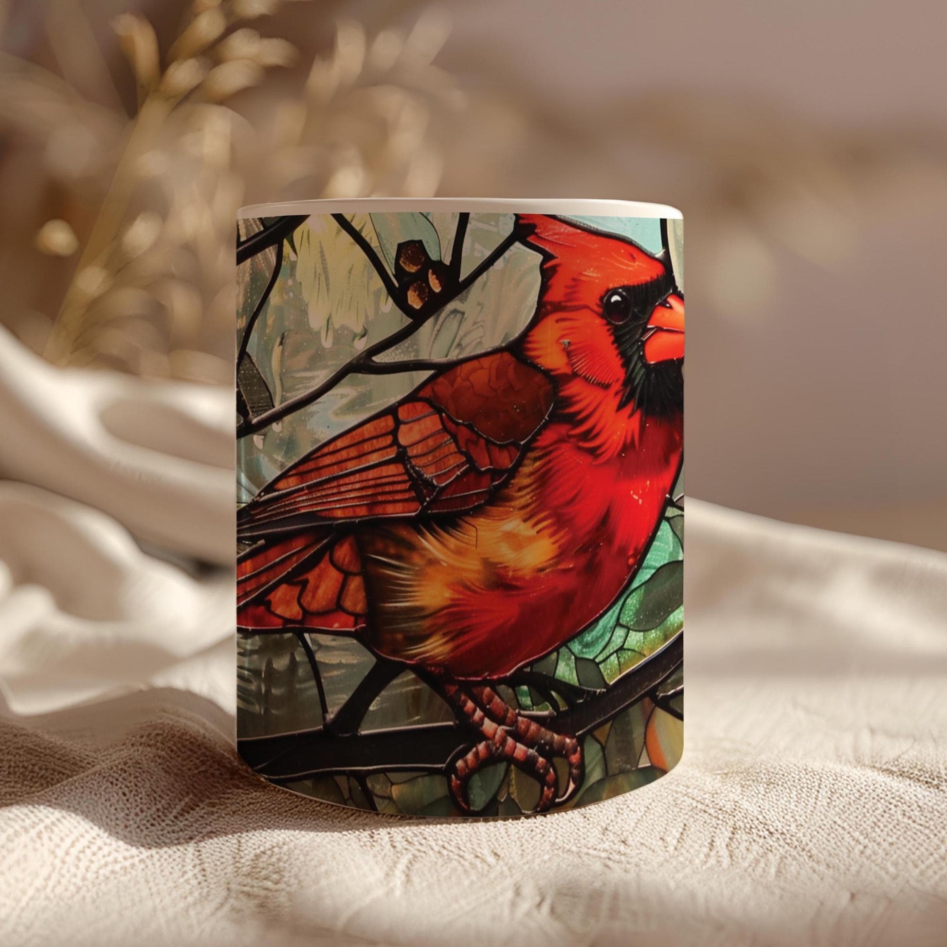 Cardinal bird 11 oz ceramic coffee mug with stained glass effect design