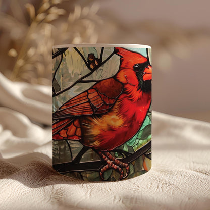 Cardinal bird 11 oz ceramic coffee mug with stained glass effect design