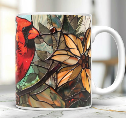 Cardinal bird 11 oz ceramic coffee mug with stained glass effect design