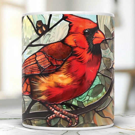 Cardinal bird 11 oz ceramic coffee mug with stained glass effect design