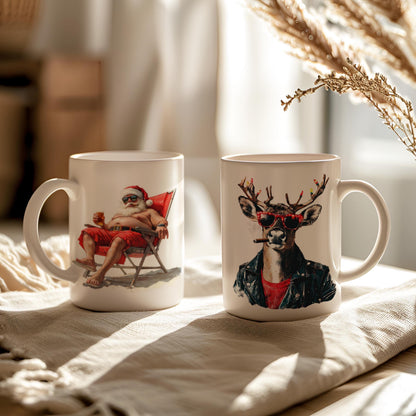 Funny Santa Claus 11 oz ceramic coffee mug with festive Christmas design