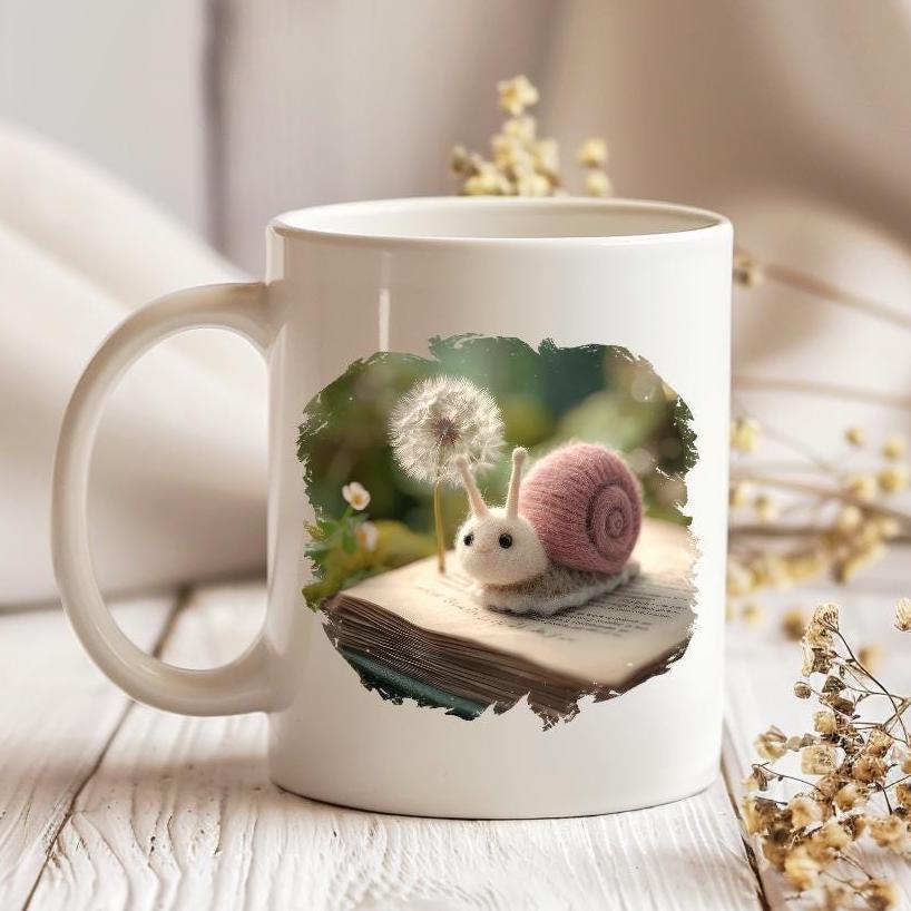 Felt snail 11 oz ceramic coffee mug with wool felt snail and dandelion woodland design