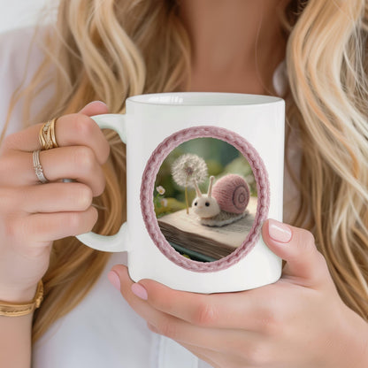 Handmade Ceramic Snail Mug with Wool Felt Illustration, Artist Coffee Cup from Europe, Unique Limited Edition Home Studio Print